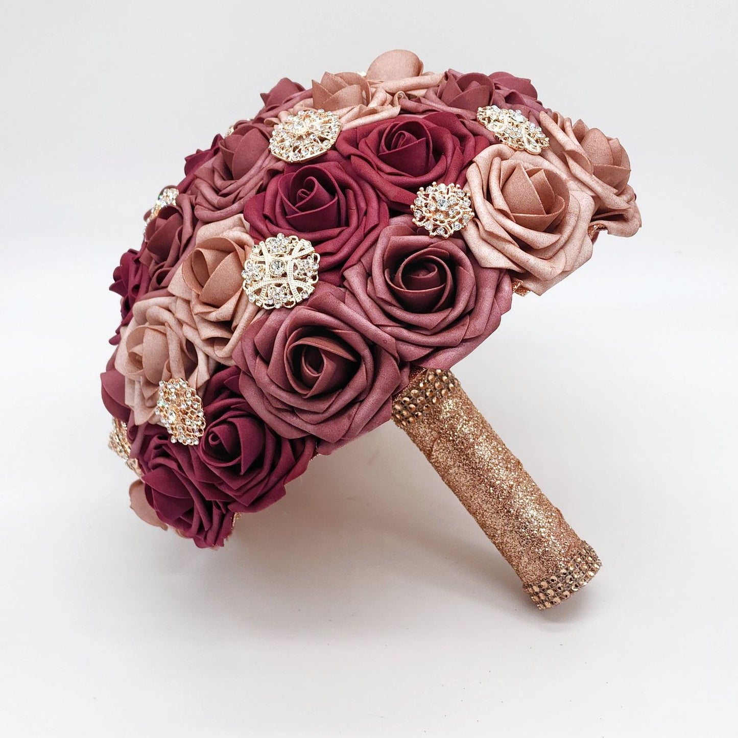 Dusty Rose, Burgundy, and Mauve Brooch Bridal Bouquet