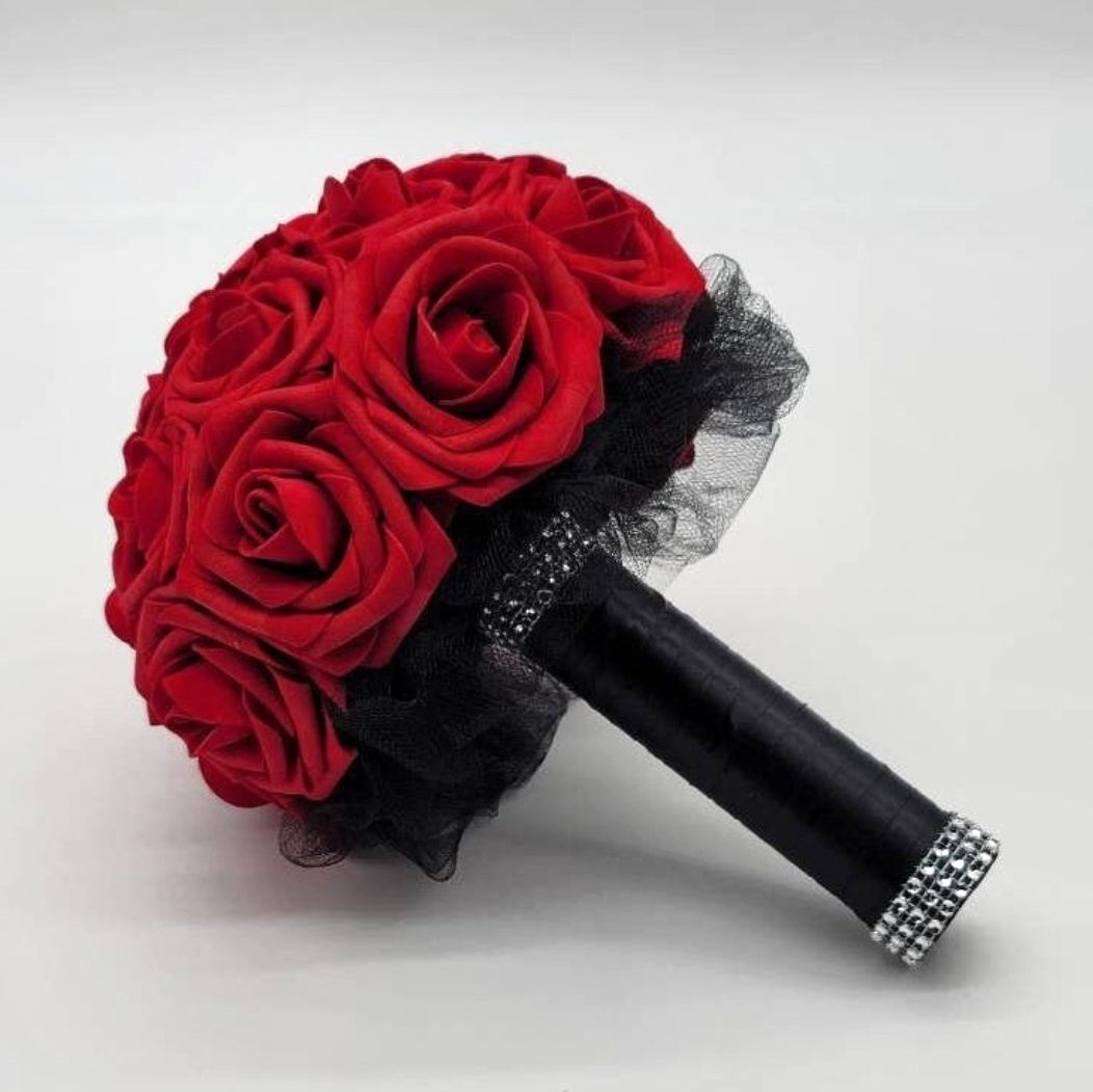 Red and Black Bridesmaid bouquet with black tulle and ribbon.