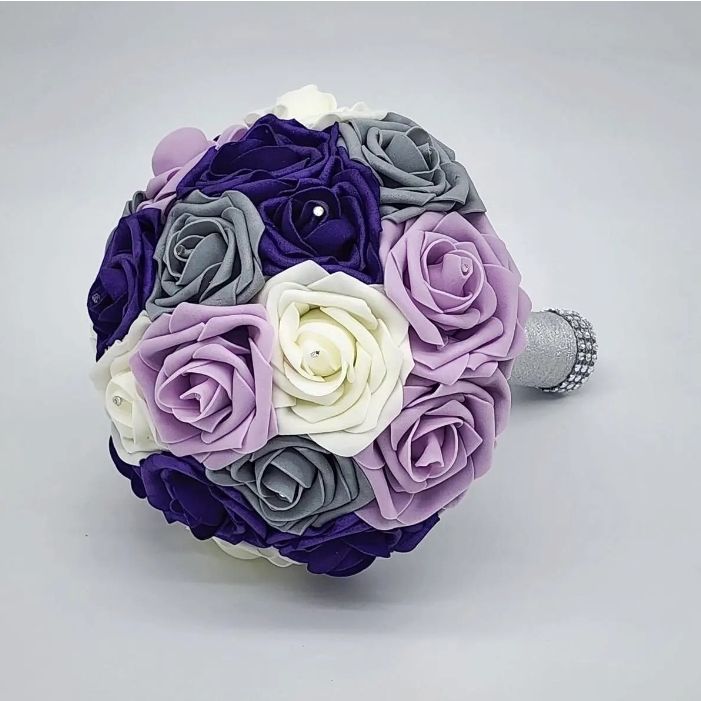 Puple, Lavender, Lilac, White, and Gray wedding bouquet. Made with real touch roses. Rhinestones on every rose. 