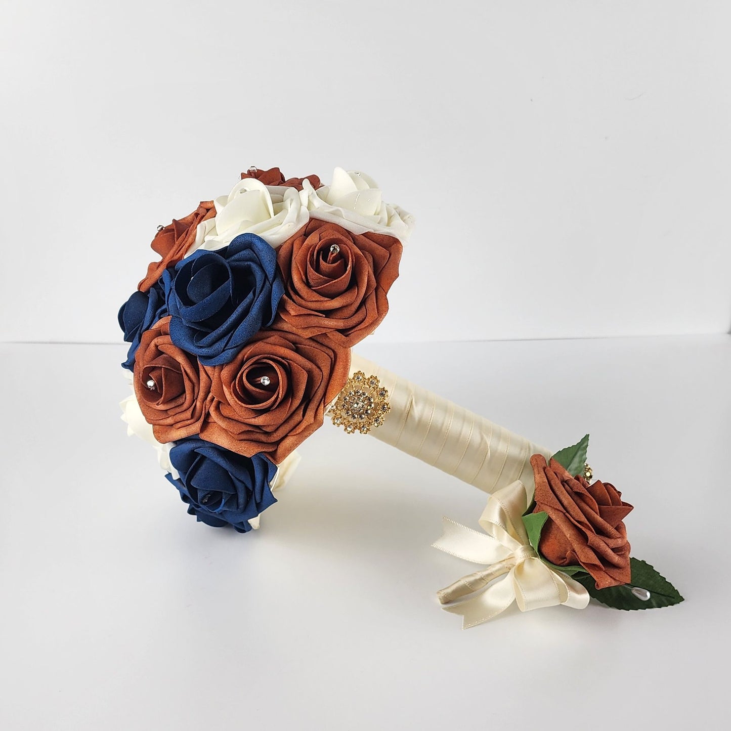 Burnt Orange, Navy, and Ivory Bridal Bouquet