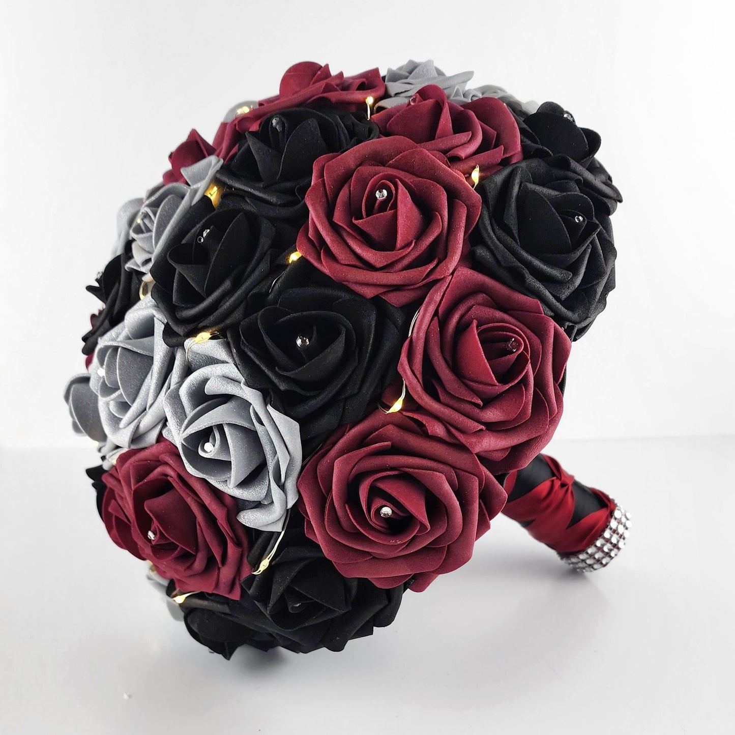 Fairy Lights Burgundy, Black, and Silver Bridal Bouquet