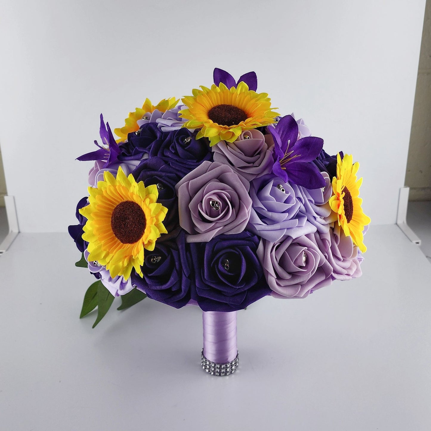 Gothic Skull Cascading Wedding Bouquet Made With Lilac, Lavender, and Purple Roses.