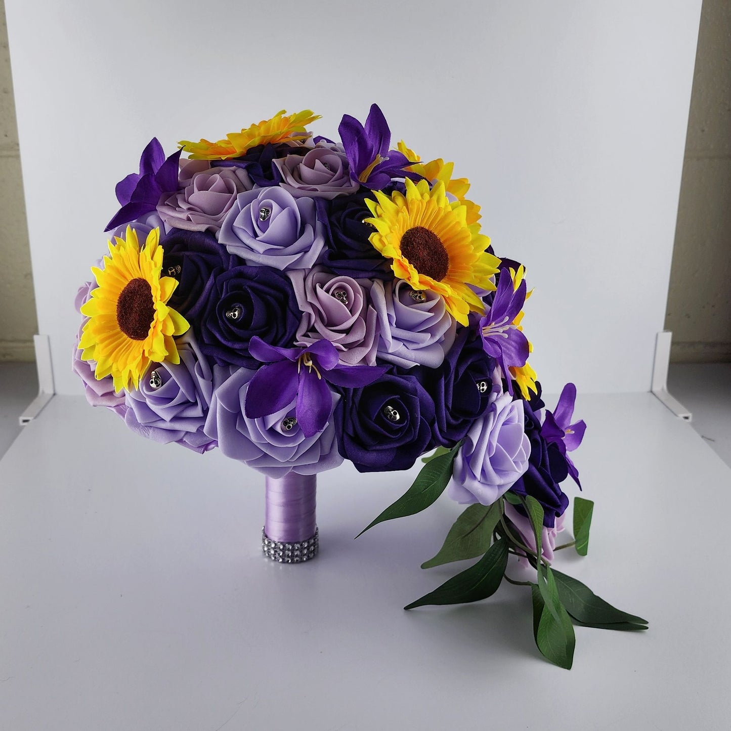 Gothic Skull Cascading Wedding Bouquet Made With Lilac, Lavender, and Purple Roses.