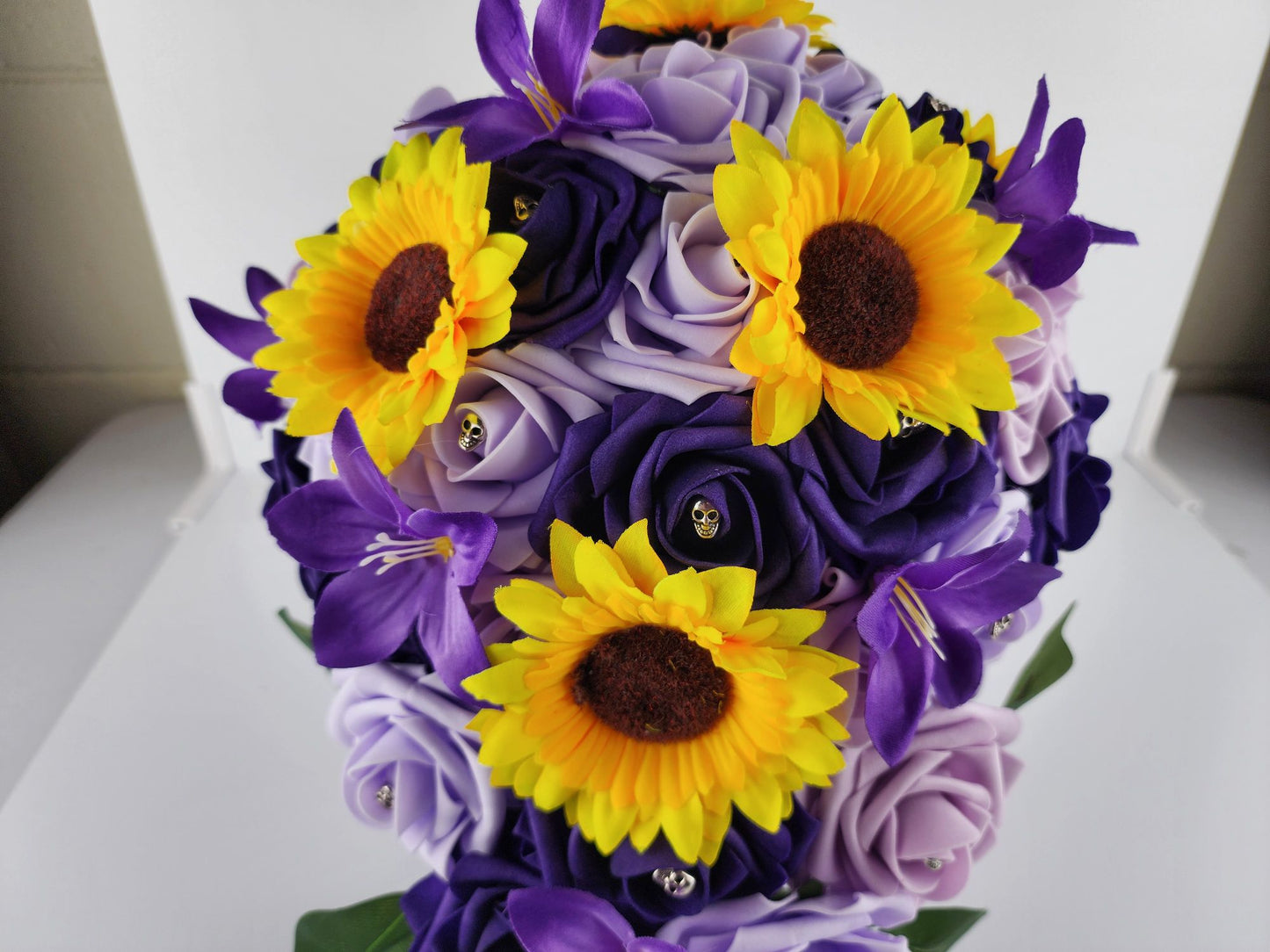 Gothic Skull Cascading Wedding Bouquet Made With Lilac, Lavender, and Purple Roses.