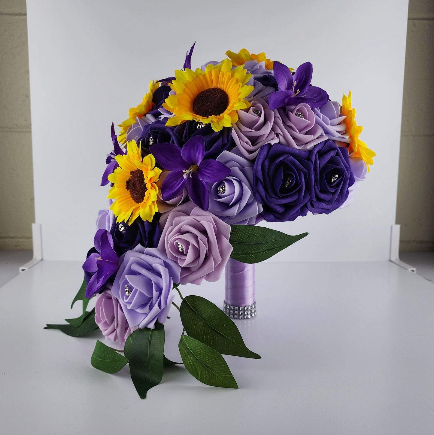 Gothic Skull Cascading Wedding Bouquet Made With Lilac, Lavender, and Purple Roses.