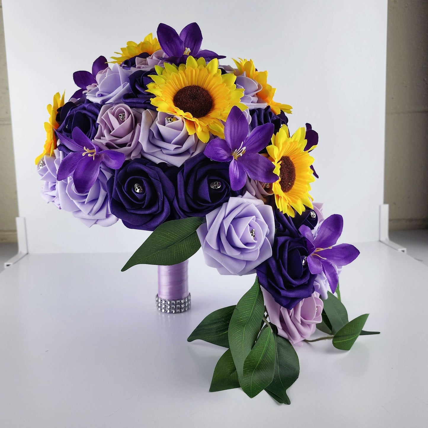 Gothic Skull Cascading Wedding Bouquet Made With Lilac, Lavender, and Purple Roses.