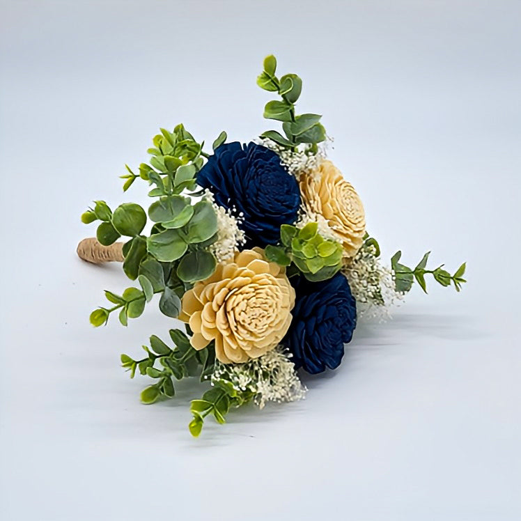 Navy and Ivory Sola Wood Bridal Bouquet with Babies Breath, Frosted Eucalyptus, and Burlap Handle