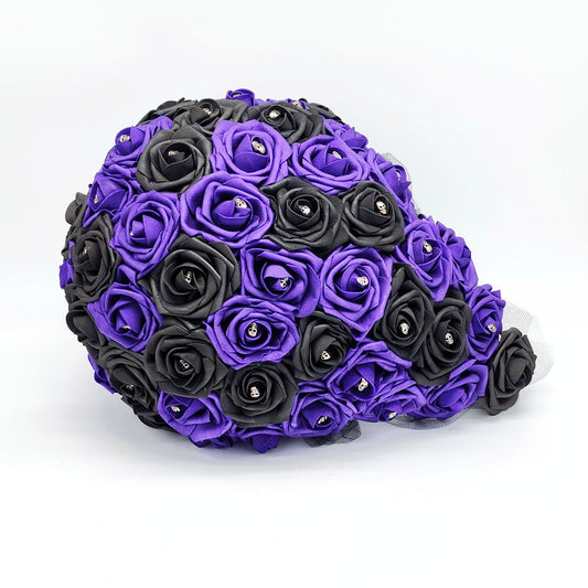 Gothic Skull Black and purple Bridal Cascading Bouquet made with Real Touch Roses