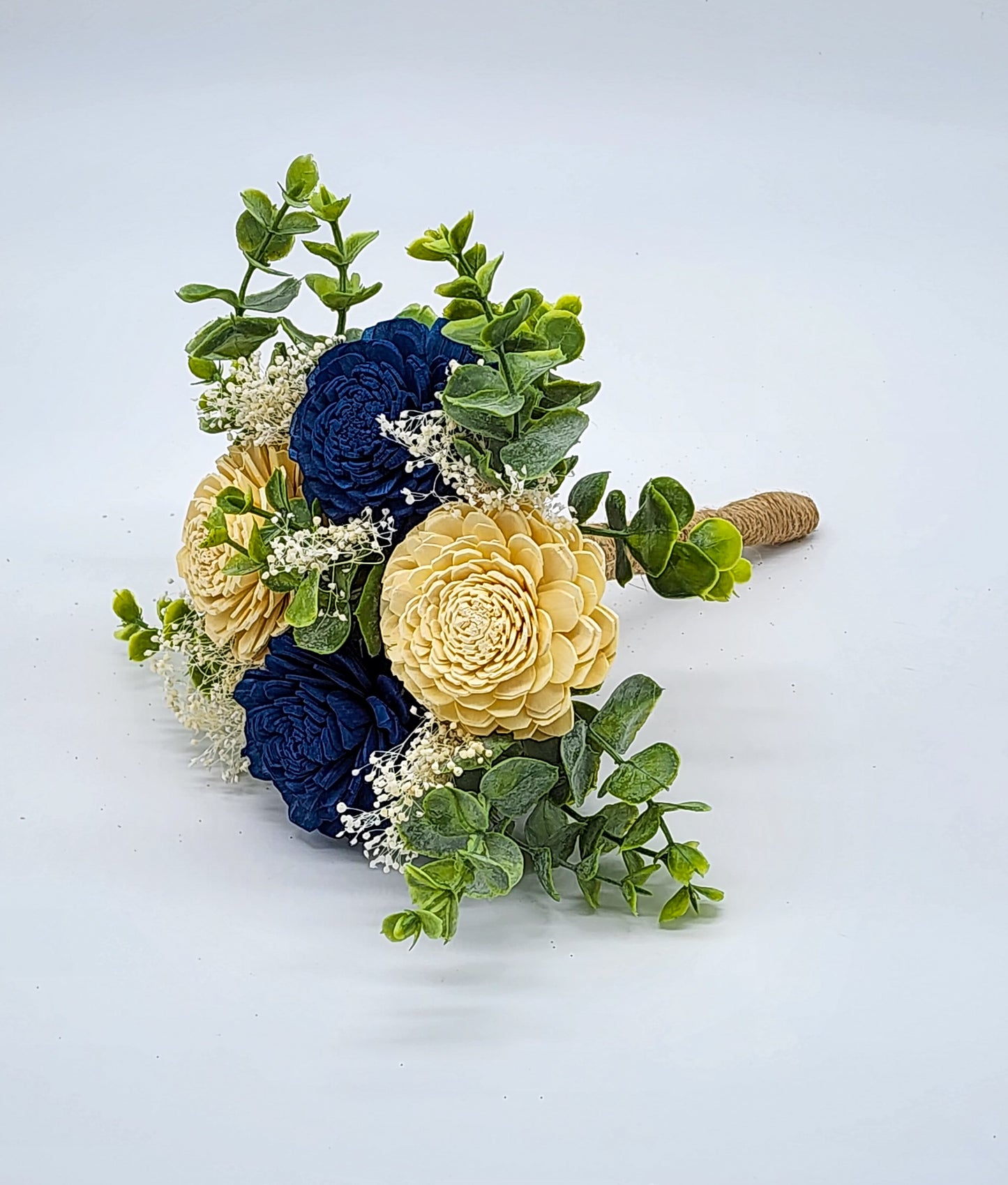 Navy and Ivory Sola Wood Bridal Bouquet with Babies Breath, Frosted Eucalyptus, and Burlap Handle