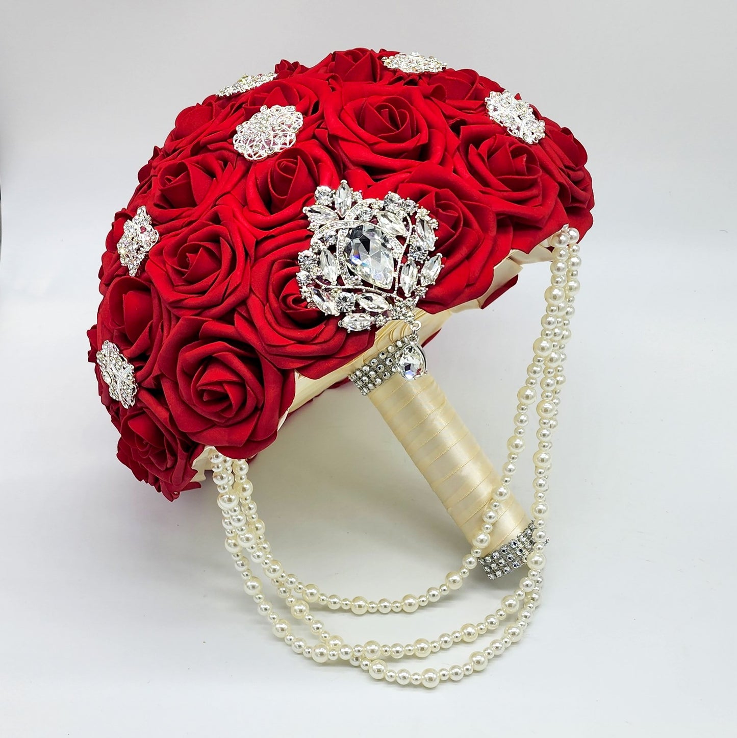 Red and Ivory Bridal Bouquet With Cascading Pearls