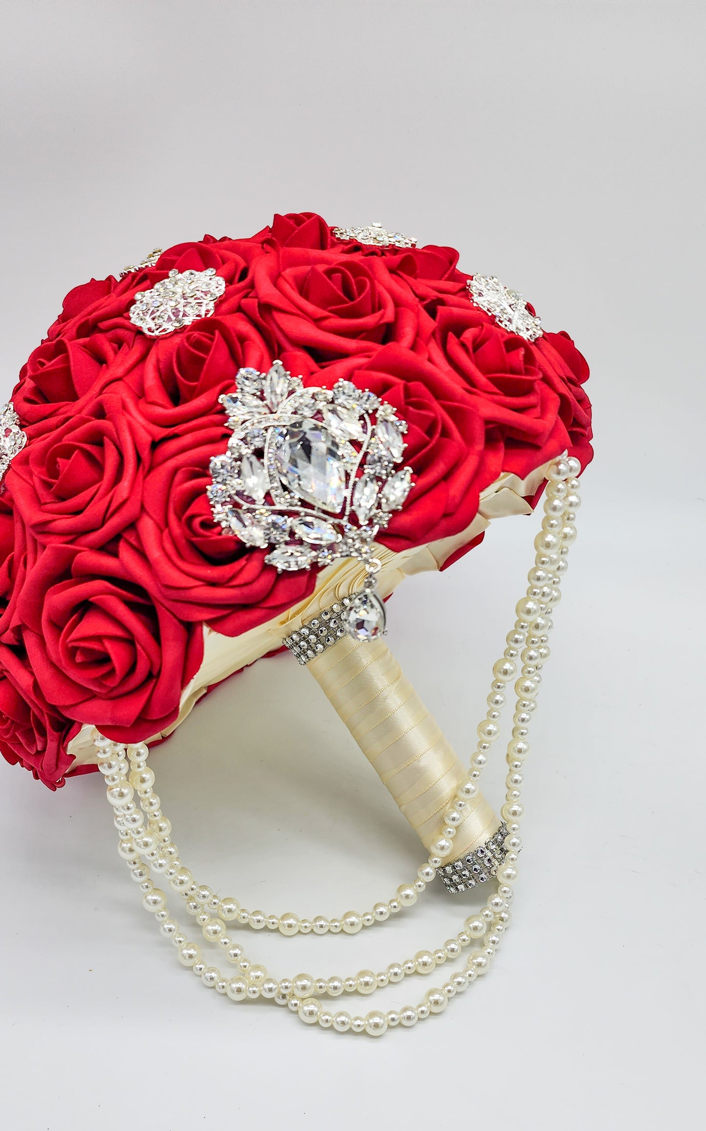 Red and Ivory Bridal Bouquet With Cascading Pearls