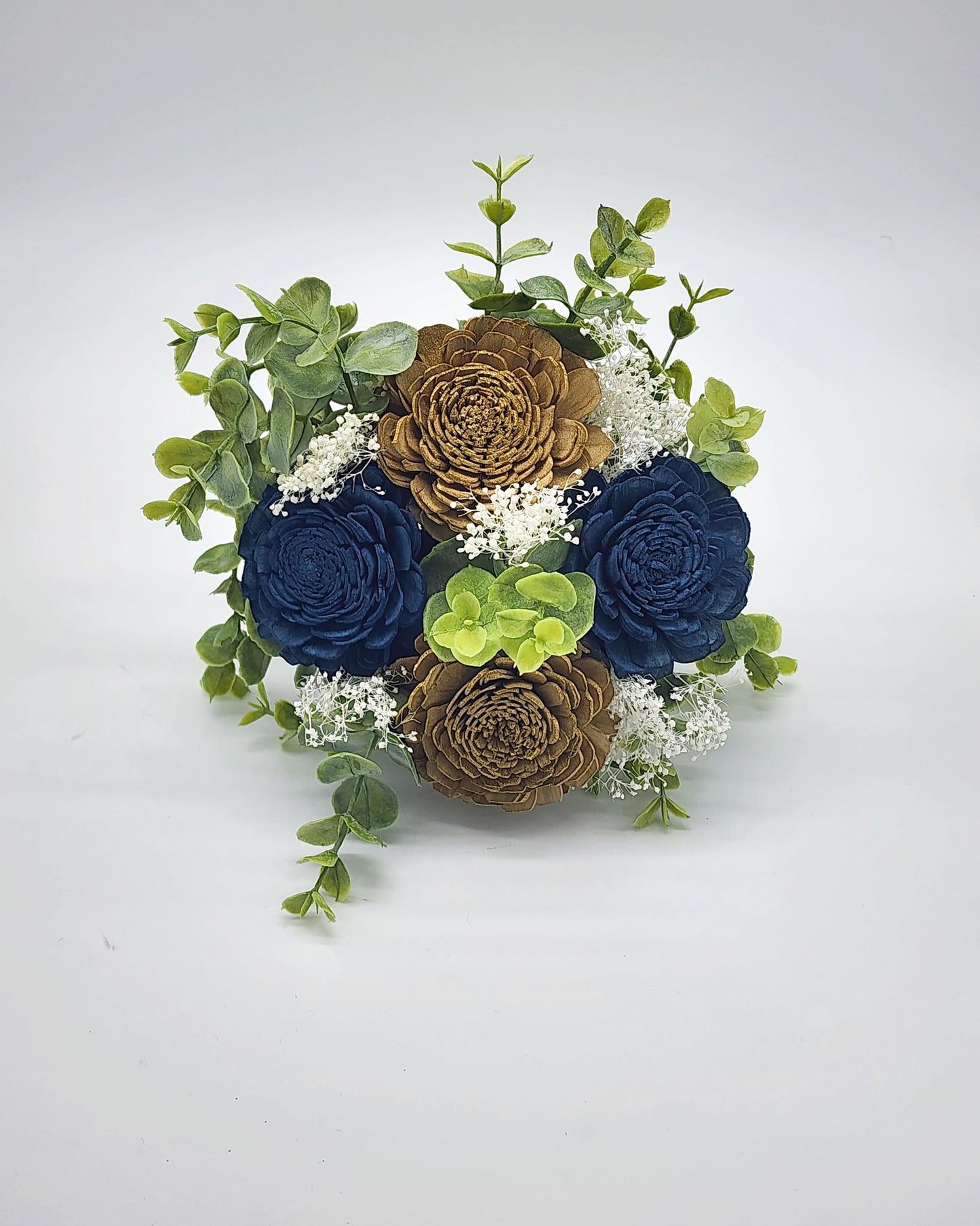 Navy Blue and Gold Sola Wood Wedding Bouquet With Eucalyptus