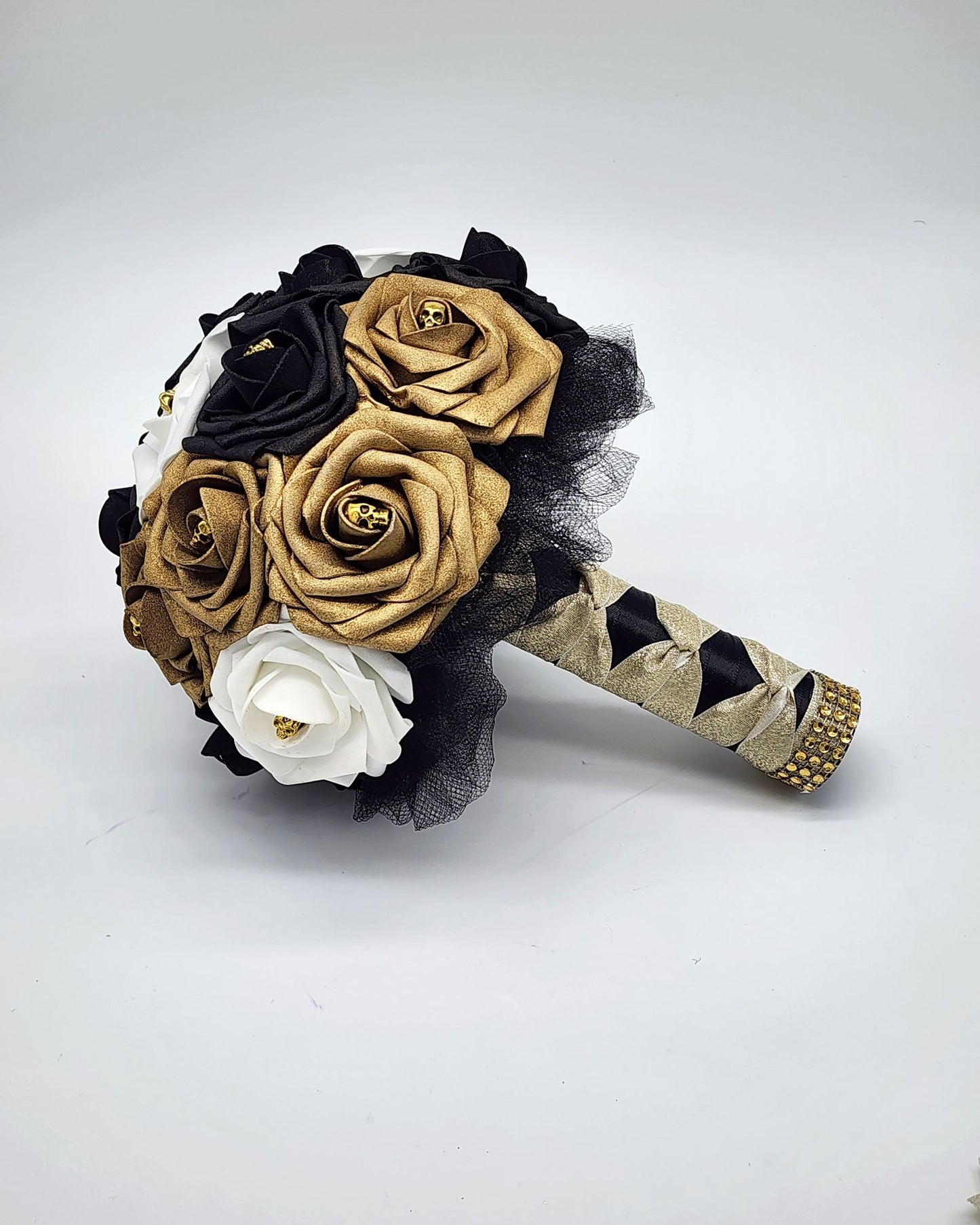 Gothic Skull Black, Gold, and White Bridal Bouquet
