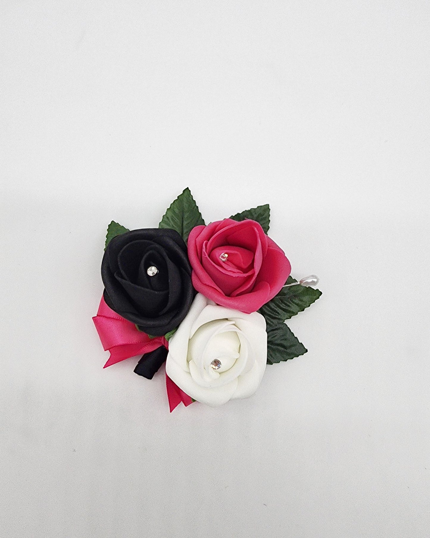 Hot Pink, White, and Black Boutonnieres and Corsages