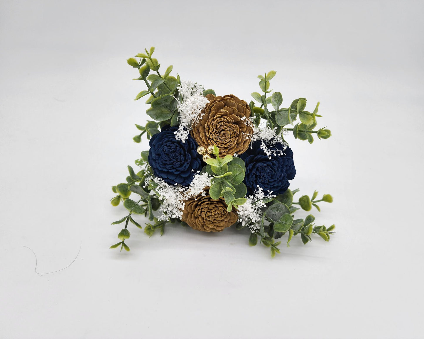 Navy and Gold Sola Wood Wedding Bouquet With Eucalyptus and Gold Balls