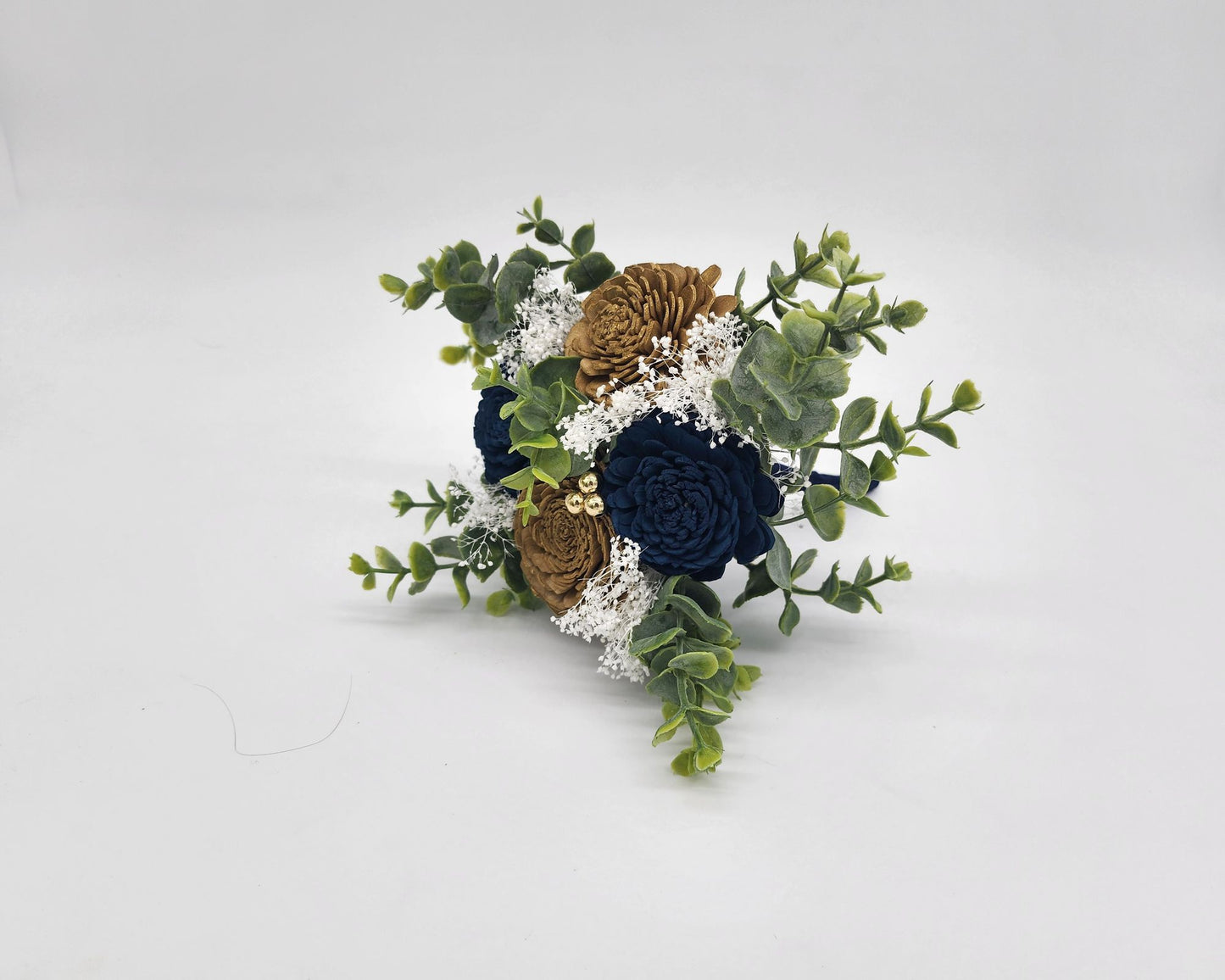 Navy and Gold Sola Wood Wedding Bouquet With Eucalyptus and Gold Balls