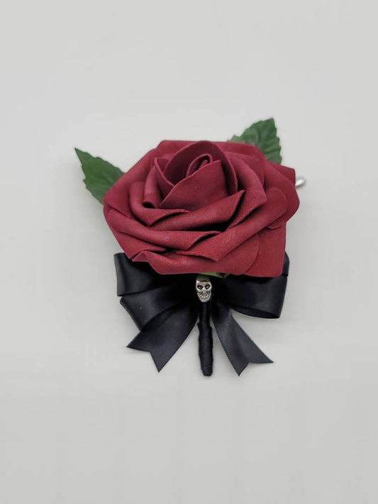 Gothic Burgundy And Black Skull Boutonnieres and Corsages, Gothic Wedding, Halloween, Matching Bouquets Available