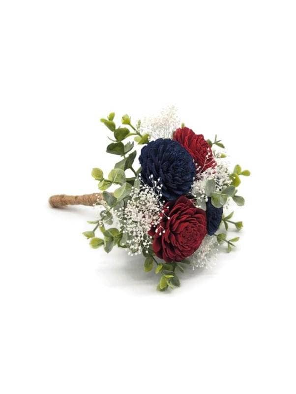 Burgundy and Navy sola wood bouquet with eucalyptus and baby's breath. handle is wrapped in twine. 