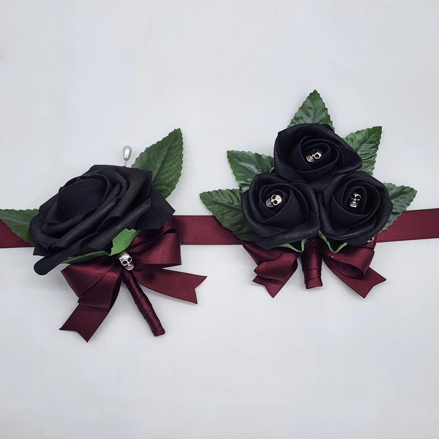 Gothic Skull Black and Burgundy Boutonnieres and Corsages