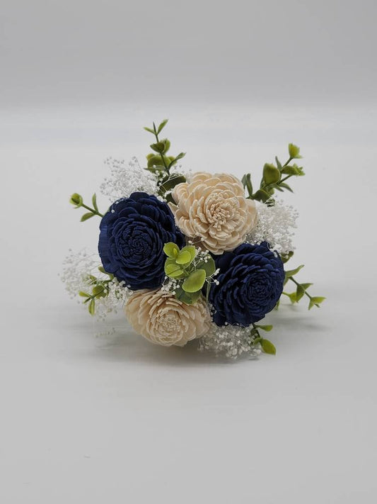 Navy Blue & White Sola Wood Flower Wedding Bouquet with Frosted Eucalyptus Greenery, Bridal Bouquet, Bridesmaid Bouquet