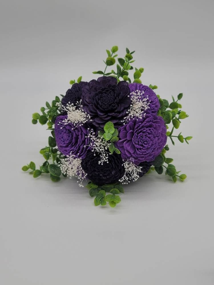 Dark Purple And Lavender Sola Wood Flower Wedding Bouquet with Frosted Eucalyptus Greenery & Burlap Ribbon, Bridal Bouquet,Bridesmaid Bouquet