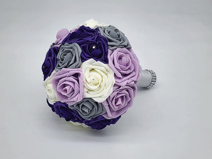 Purple, ivory, and Gray Winter Wedding Bridal Bouquet with Matching Boutonnieres and Corsages