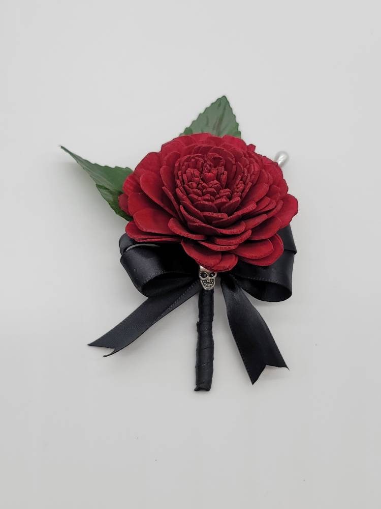 Skull red and black Sola Wood Boutonnieres and corsages, Gothic, Halloween, 22 Flower Colors Available,Matching Bouquets Available