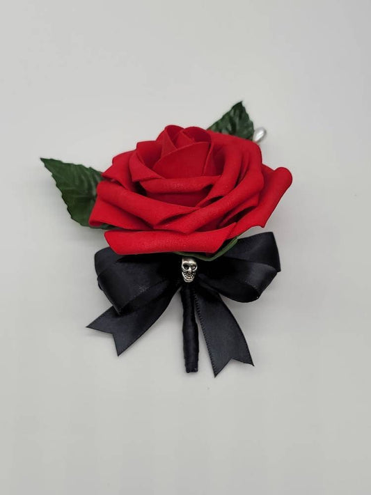 Gothic Skull Red and Black Boutonniere and Corsages, Corsages Available in pin on and wrist, Matching Bouquets Available-Halloween Wedding