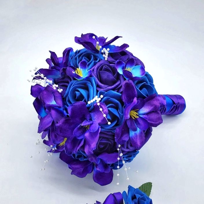 Royal Blue and Purple Bridal Bouquet made with Real Touch Roses, Galaxy Orchid