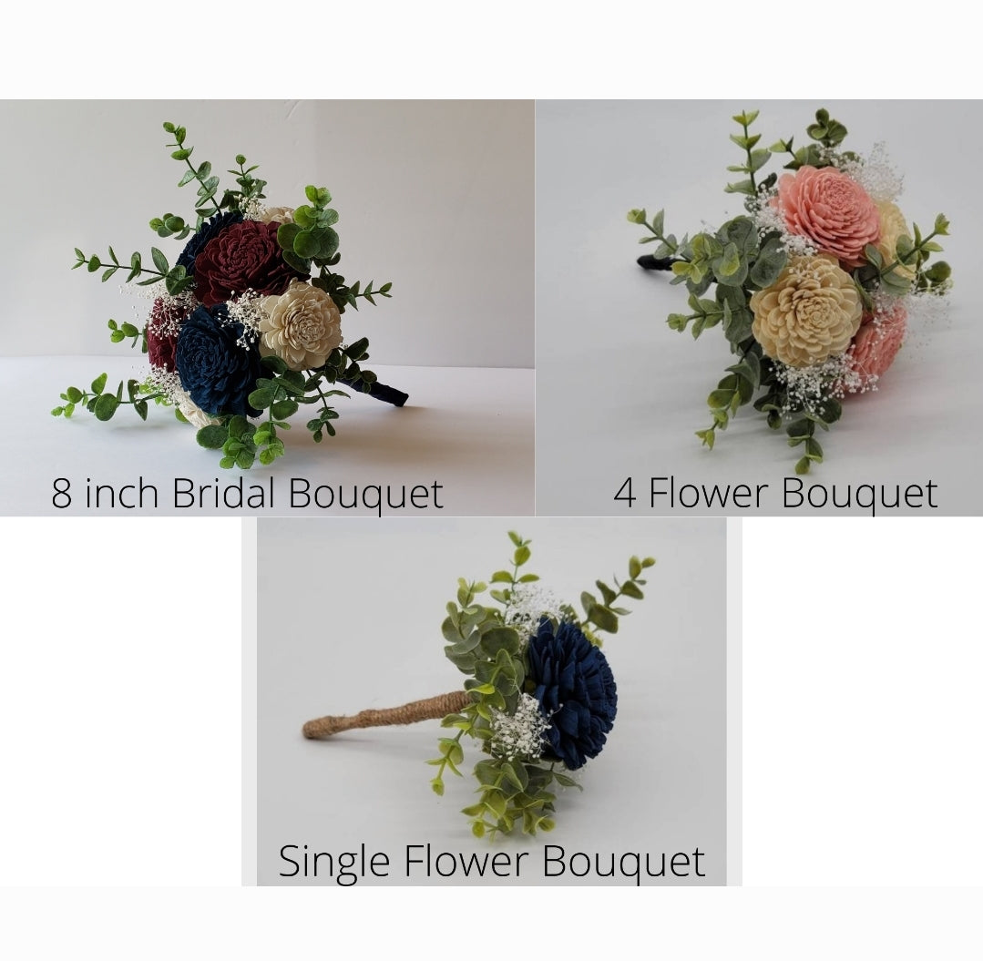 Burgundy, Navy, and White Blue Sola Flower Bouquet with frosted eucalyptus greenery and navy ribbon