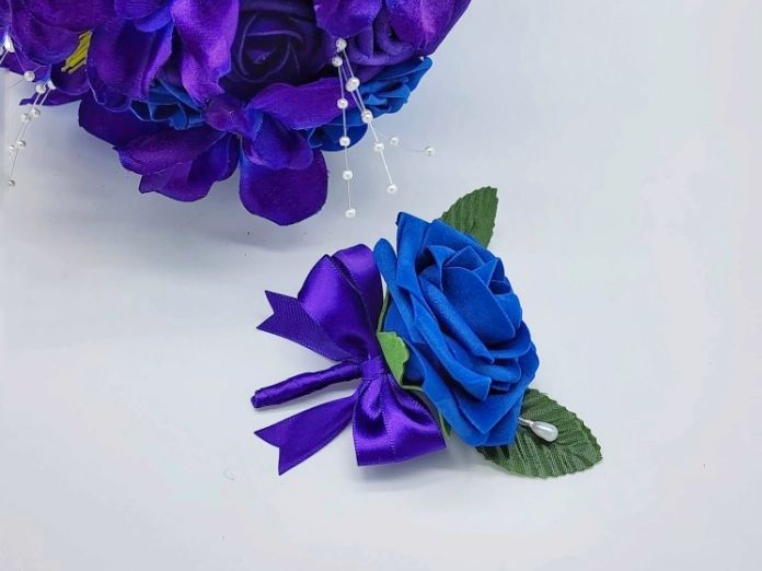 Royal Blue and Purple Bridal Bouquet made with Real Touch Roses, Galaxy Orchid