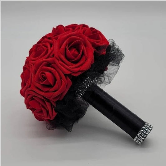 Red and Black Bridal Bouquet made with Real Touch Roses