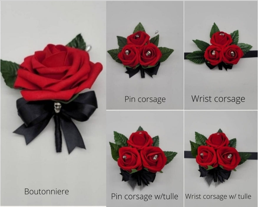 Gothic Skull Blush and Black Boutonnieres and Corsages