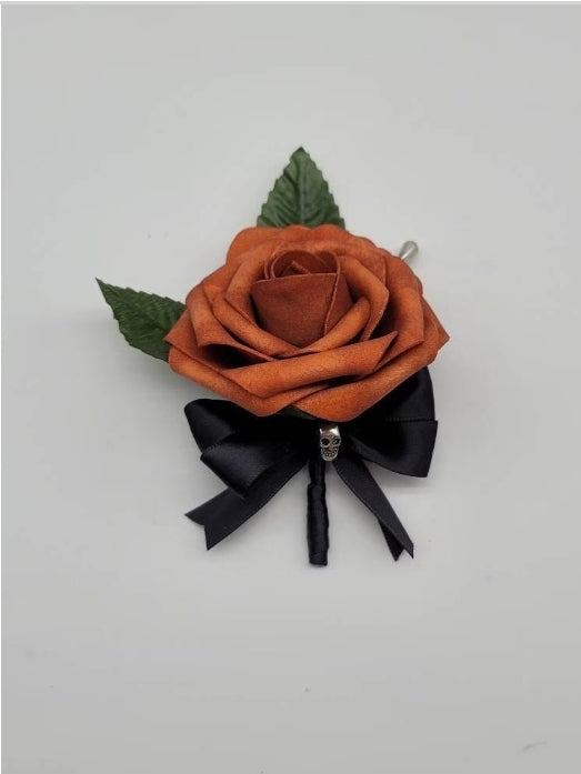 Gothic Skull Burnt Orange and Black Boutonnieres and Corsages