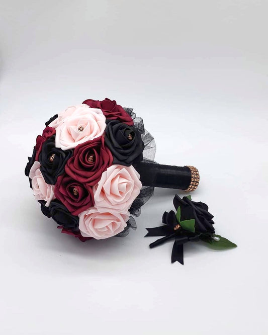 Gothic Skull Black, Burgundy, and Blush Bridal Bouquet made with Real Touch Roses