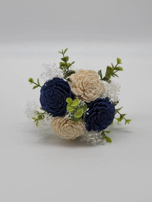 Navy Blue And White Sola Wood Flower Wedding Bouquet With Frosted Eucalyptus