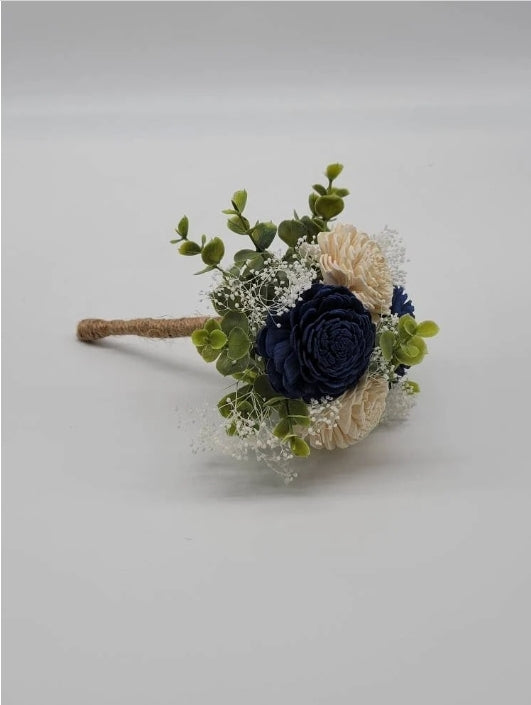 Navy Blue And White Sola Wood Flower Wedding Bouquet With Frosted Eucalyptus