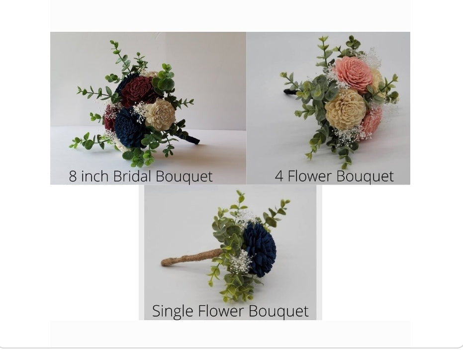 Navy Blue and Gold Sola Wood Wedding Bouquet With Eucalyptus