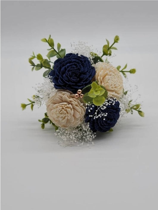 Navy and White Sola Wood Wedding Bouquet With Eucalyptus and Rose Gold Balls