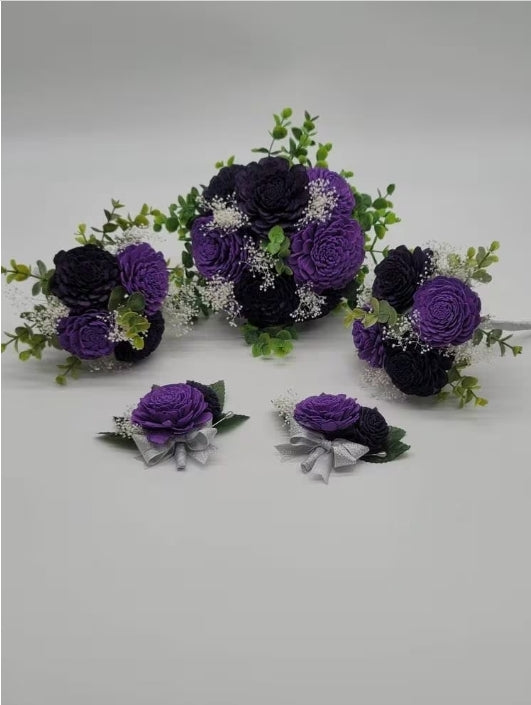 Dark Purple and Lavender Sola Wood Wedding Bouquet With Eucalyptus