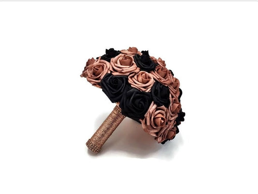 Dusty Rose and Black Bridal Bouquet Made With Real Touch Roses