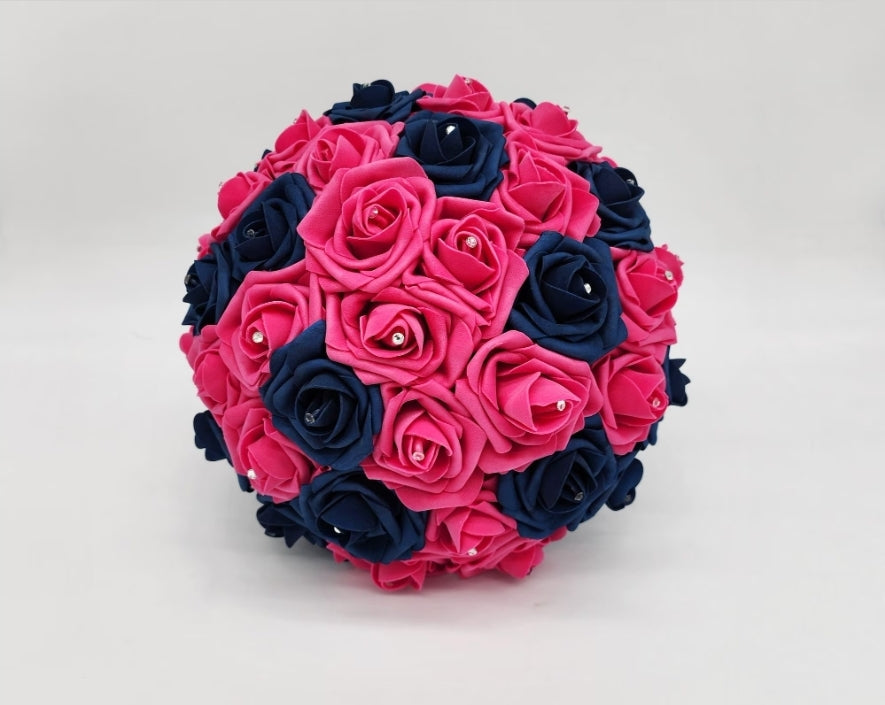Hot Pink and Navy Blue Wedding Bouquet With Bling Wrap Handle