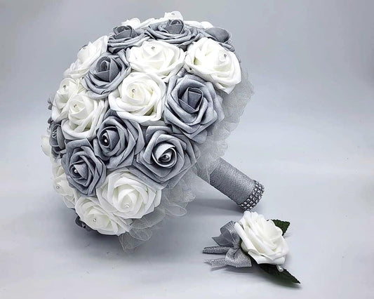 White and Silver Wedding Bouquet Made With Real Touch Roses, Bridal Bouquet, Bridesmaid Bouquet and Matching Boutonnieres and Corsages