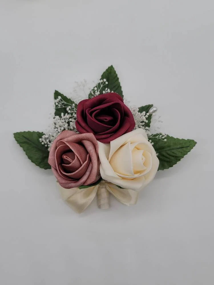 burgundy, dusty rose, and cream corsage