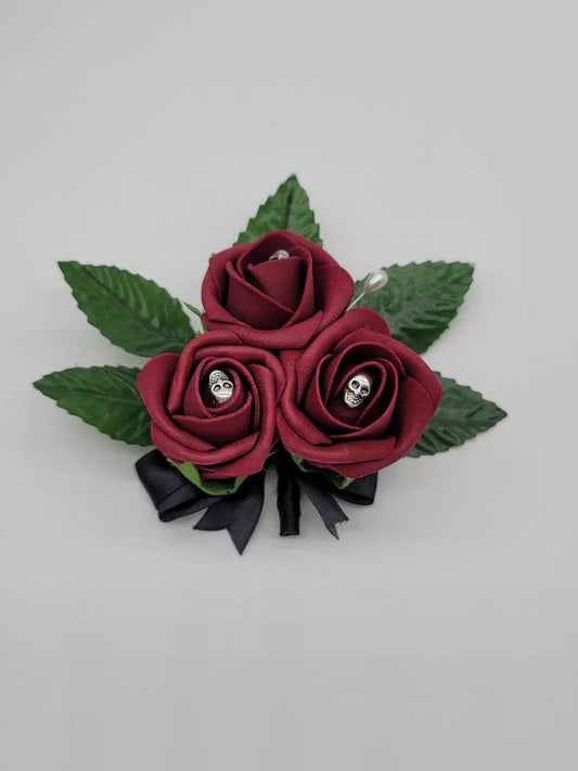 Gothic Skull Burgundy and Black Boutonnieres and Corsages