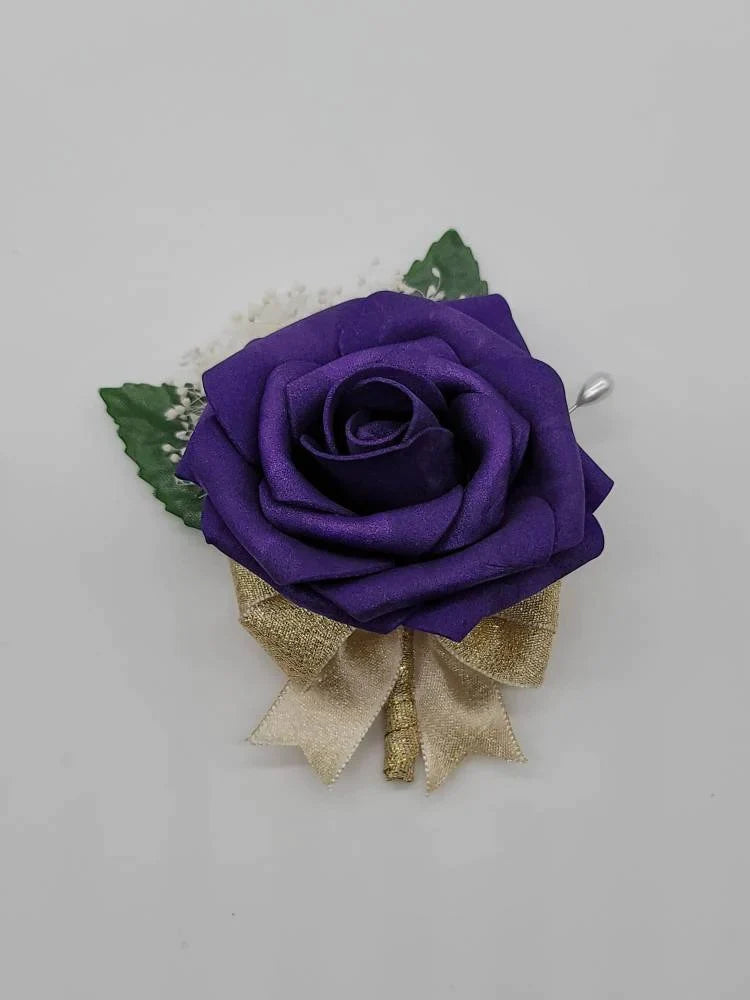 purple and gold boutonniere with babies breath