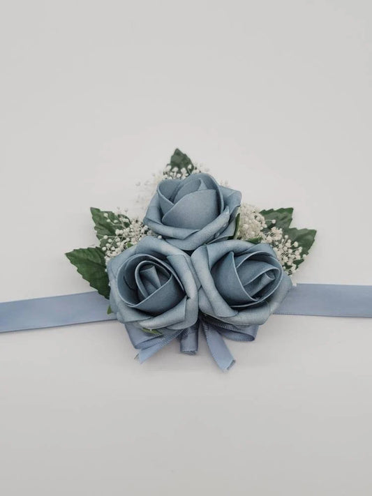 Light Dusty Blue Boutonnieres and Corsages Made With Real Touch Roses