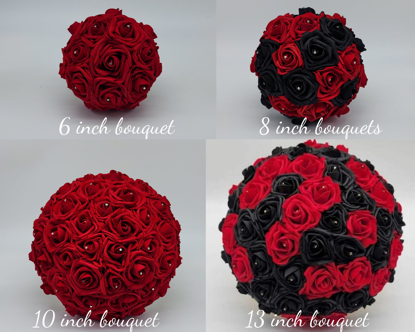 show sizes of all 4 bouquets. 6,8,10,13 inch diameter