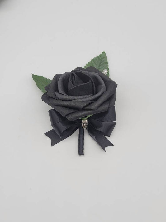 Gothic Black Skull Boutonnieres and Corsages, Pin on or Wrist Corsages, Matching Bouquets Available-Halloween Wedding