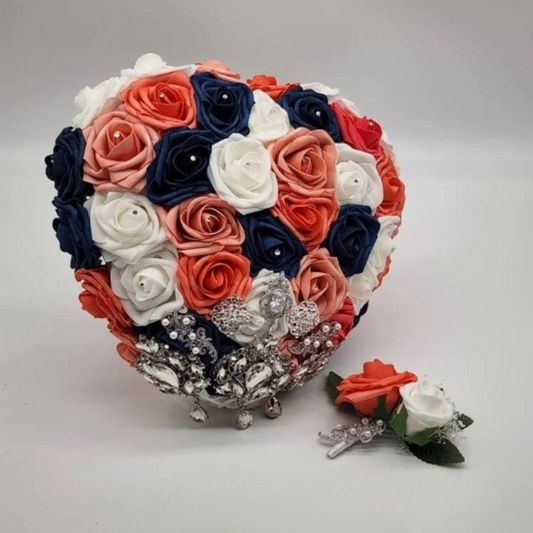 Heart Shaped Bridal Bouquet in Navy, Coral, and White Real Touch Roses With Rose Gold Ribbion and Silver Brooches.